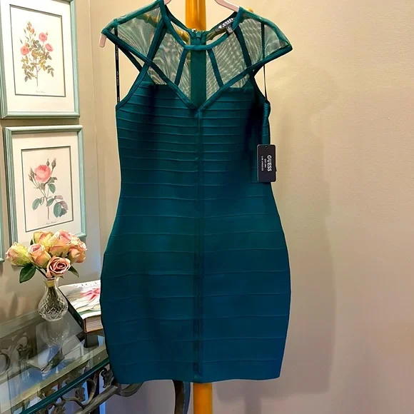 Guess | Dresses | Guess Emerald Green Bodyconbandage Dress With Mesh Illusion Neckline Small | Poshmark Guess | Dresses | Guess Emerald Green Bodyconbandage Dress With Mesh Illusion Neckline Small | Poshmark